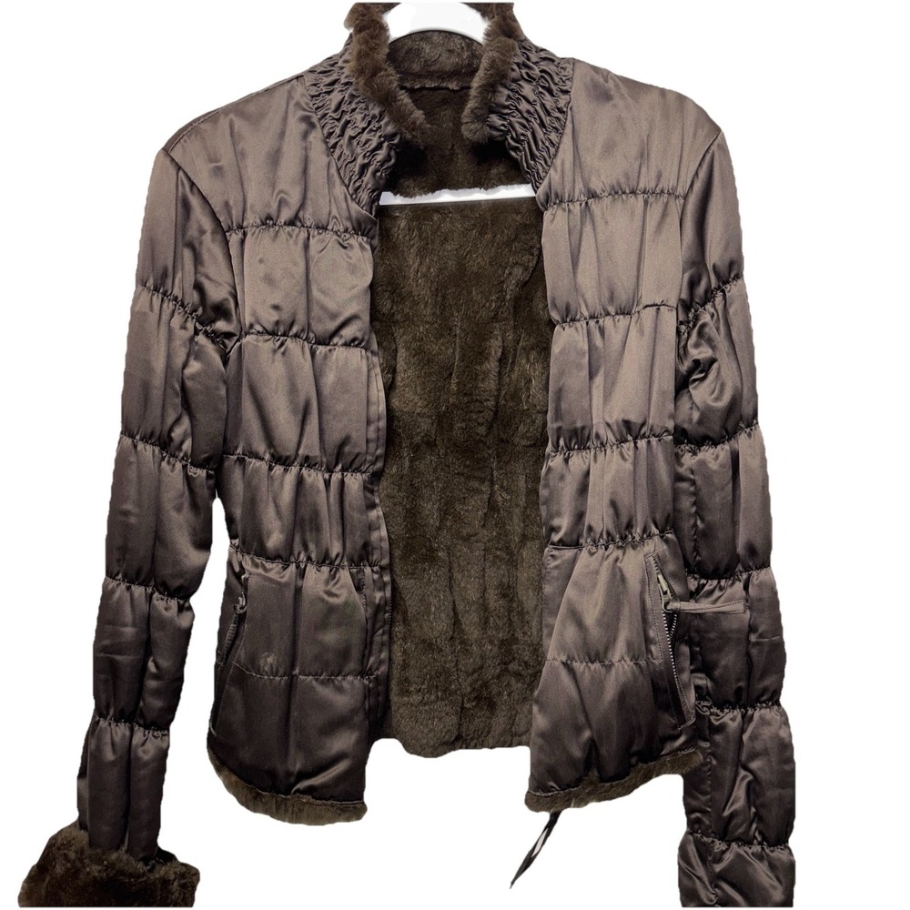 June Brown Reversible Genuine Rabbit Fur Jacket Womens Small Quilted Ruched - Picture 11 of 14